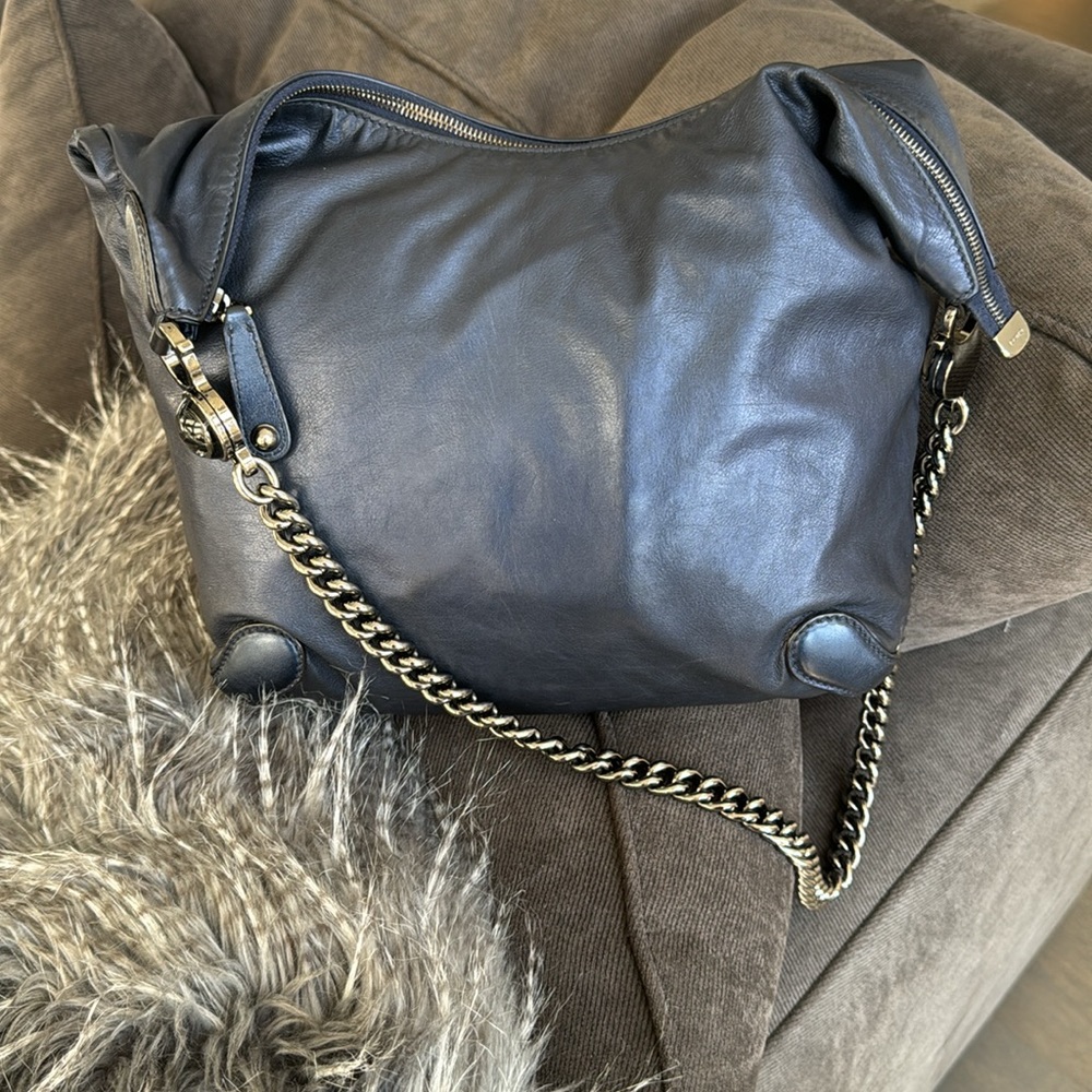Gucci Crossbody. Metallic Blue with Heavy very thick Silver chain.